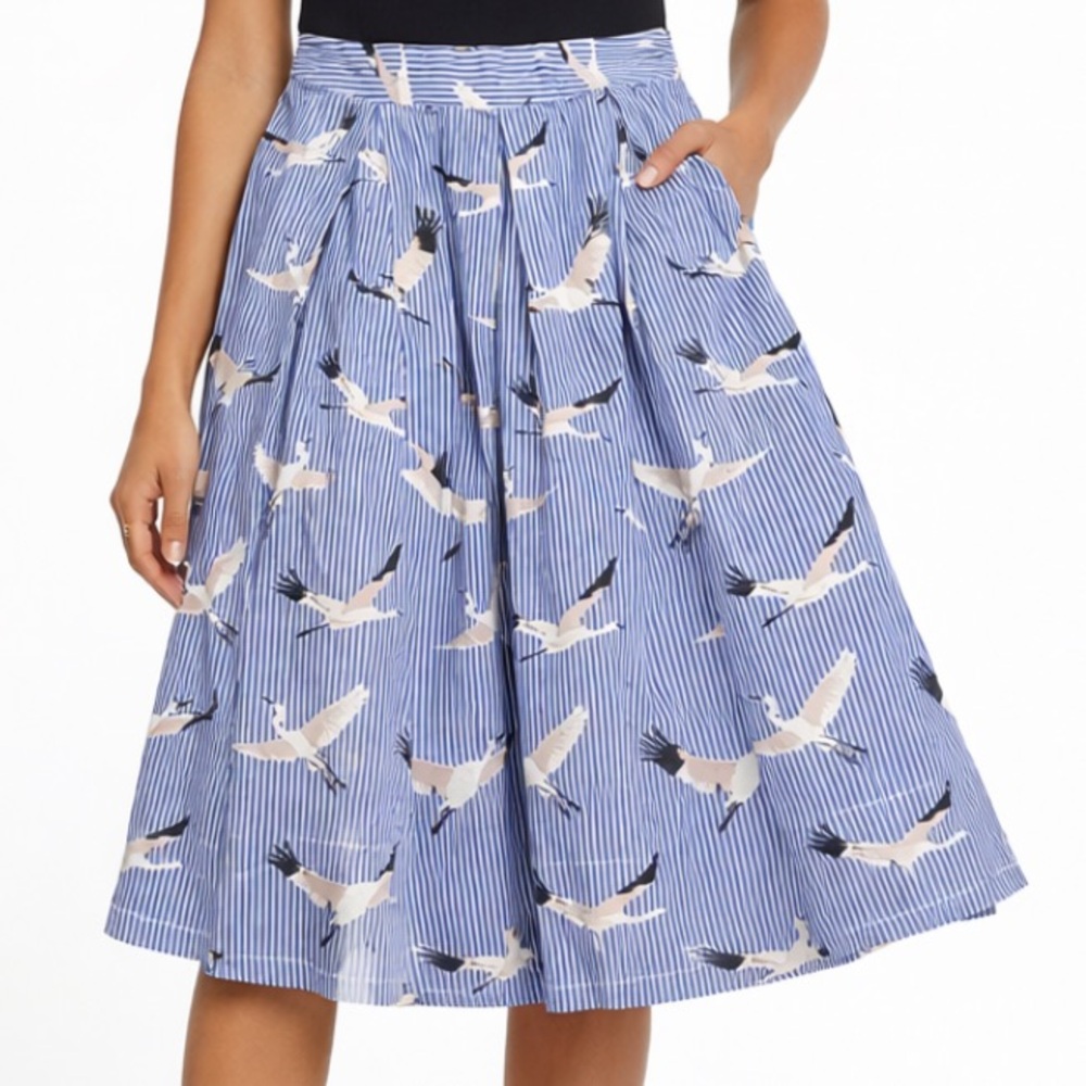 Who What Wear Size 14 Blue Stripe Crane Print Midi Skirt A-Line Pockets